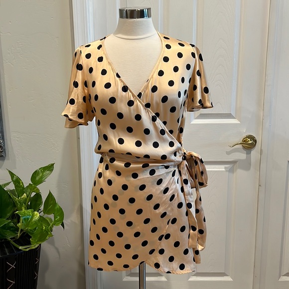 New Vici Polka Dot Satin Wrap Dress - Picture 2 of 9
